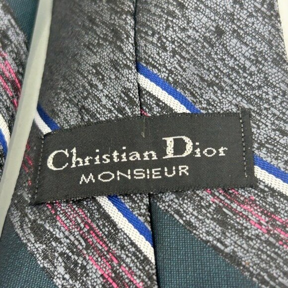 Christian Dior Monsieur VTG Diagonal Striped Gray Blue Red Tie - Picture 10 of 14
